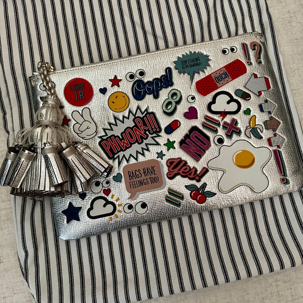Anya Hindmarch Georgiana All Over Wink Sticker Clutch Bag, Metallic Silver